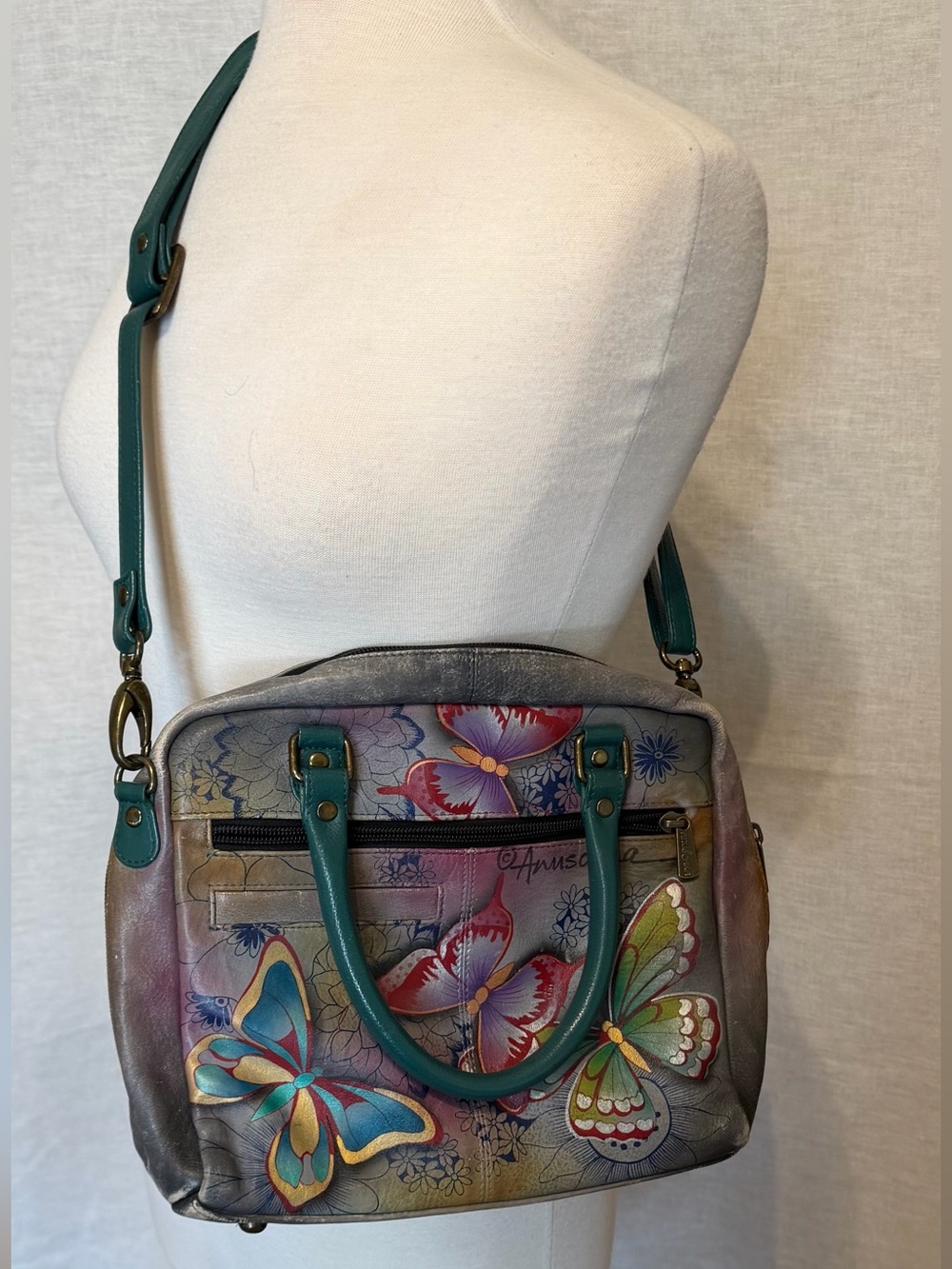 Anuschka Hand-Painted Multicolor Butterfly Shoulder Bag with Teal Accents